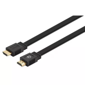 Manhattan HDMI-kaapeli Ethernetillä (litteä), 4K@60Hz (Premium High Speed), 10 m, uros-uros, musta, Ultra HD 4K x 2K, täysin suojattu, kullatut kontaktit, elinikäinen takuu