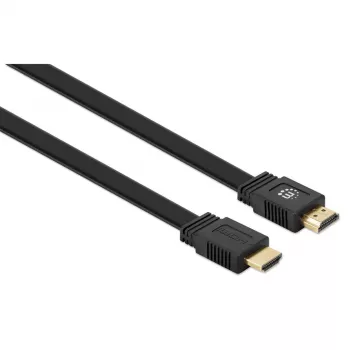 Manhattan HDMI-kaapeli Ethernetillä (litteä), 4K@60Hz (Premium High Speed), 10 m, uros-uros, musta, Ultra HD 4K x 2K, täysin suojattu, kullatut kontaktit, elinikäinen takuu