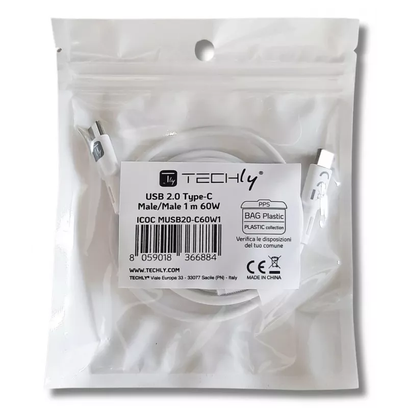 Techly ICOC-MUSB20-C60W1 USB-kaapeli USB 2.0 1 m USB-C valkoinen