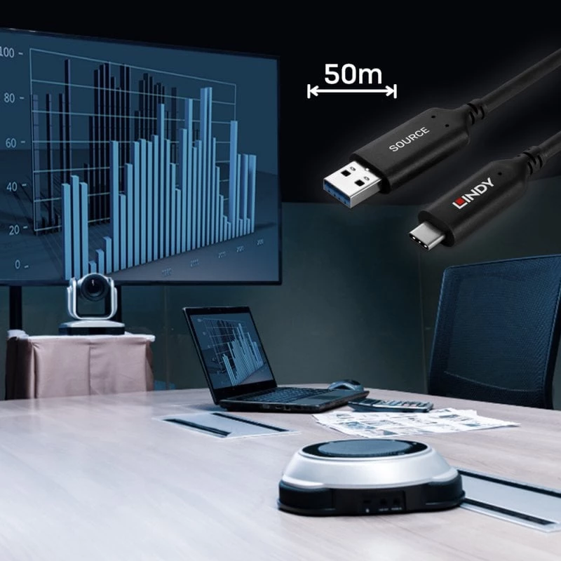 Lindy 50 m USB 3.2 Gen 1 Type-A - Type-C -kuitu-hybridikaapeli