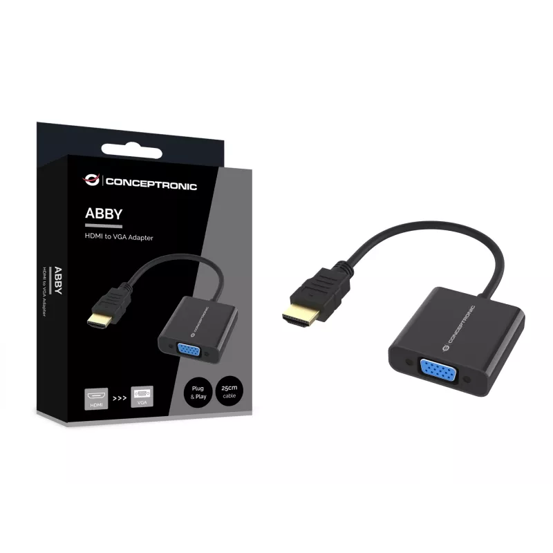 Conceptronic ABBY20B HDMI-VGA-adapteri, 0,25 m, HDMI tyyppi A (standardi), VGA (D-Sub), uros, naaras, suora