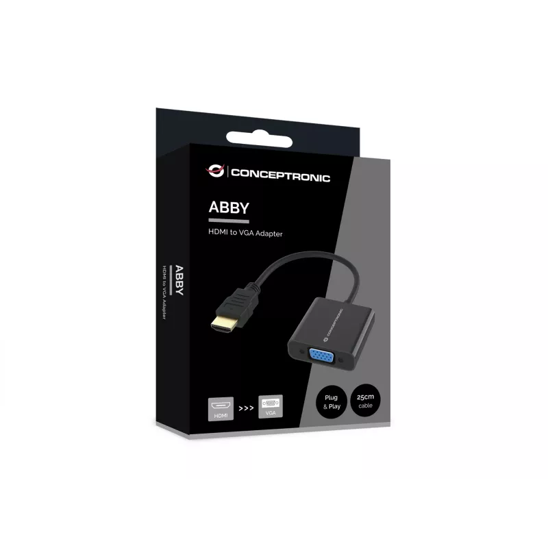 Conceptronic ABBY20B HDMI-VGA-adapteri, 0,25 m, HDMI tyyppi A (standardi), VGA (D-Sub), uros, naaras, suora