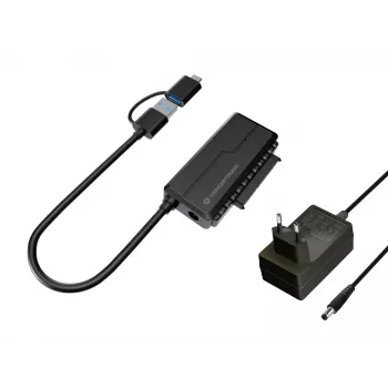 Conceptronic ABBY21B USB 3.0 SATA -sovitin virtalähteellä, 2,5 tuuman/3,5 tuuman SATA HDD/SSD, 2-in-1 USB-C/A-kaapeli