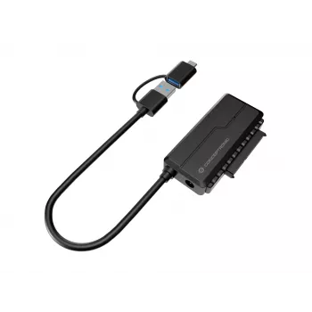 Conceptronic ABBY21B USB 3.0 SATA -sovitin virtalähteellä, 2,5 tuuman/3,5 tuuman SATA HDD/SSD, 2-in-1 USB-C/A-kaapeli