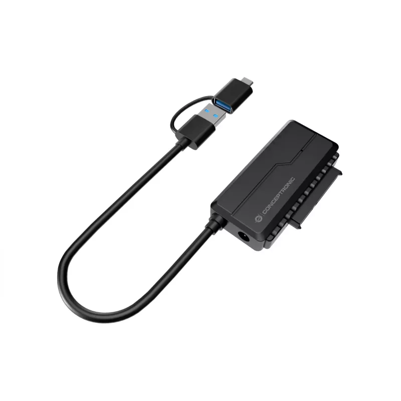 Conceptronic ABBY21B USB 3.0 SATA -sovitin virtalähteellä, 2,5 tuuman/3,5 tuuman SATA HDD/SSD, 2-in-1 USB-C/A-kaapeli