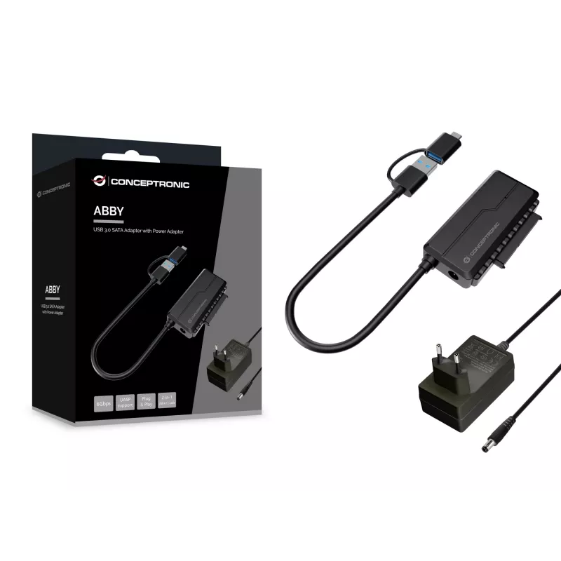 Conceptronic ABBY21B USB 3.0 SATA -sovitin virtalähteellä, 2,5 tuuman/3,5 tuuman SATA HDD/SSD, 2-in-1 USB-C/A-kaapeli