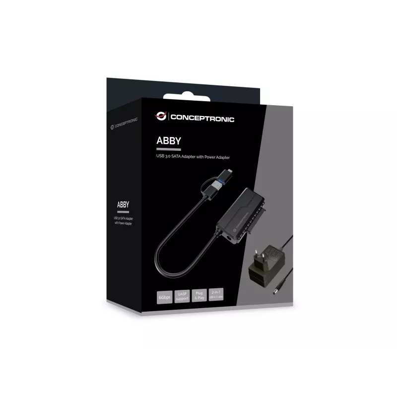 Conceptronic ABBY21B USB 3.0 SATA -sovitin virtalähteellä, 2,5 tuuman/3,5 tuuman SATA HDD/SSD, 2-in-1 USB-C/A-kaapeli