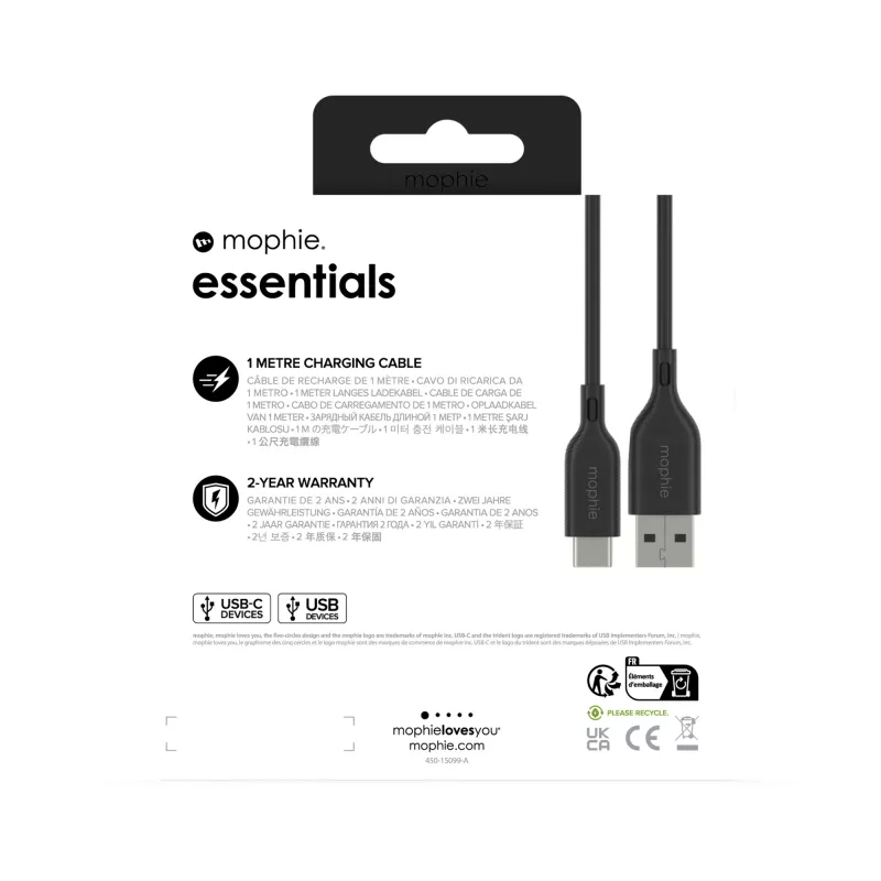 Mophie Essentials latauskaapeli | 1 m USB-kaapeli USB 2.0 USB A USB C musta