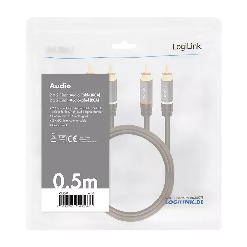 Audiokaapeli LogiLink CA1201 0,5 m 2 x RCA musta