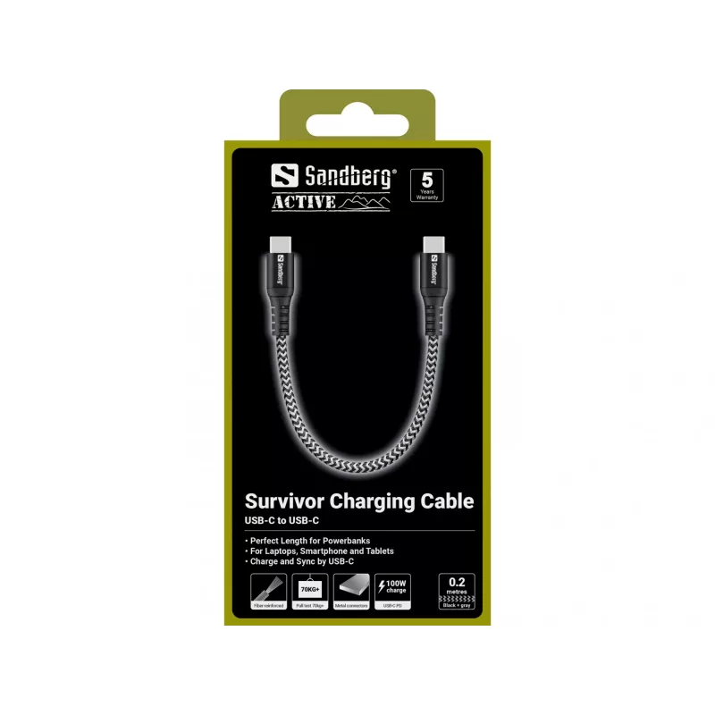 USB-C-kaapeli Sandberg Survivor 0,2 m 100 W musta valkoinen
