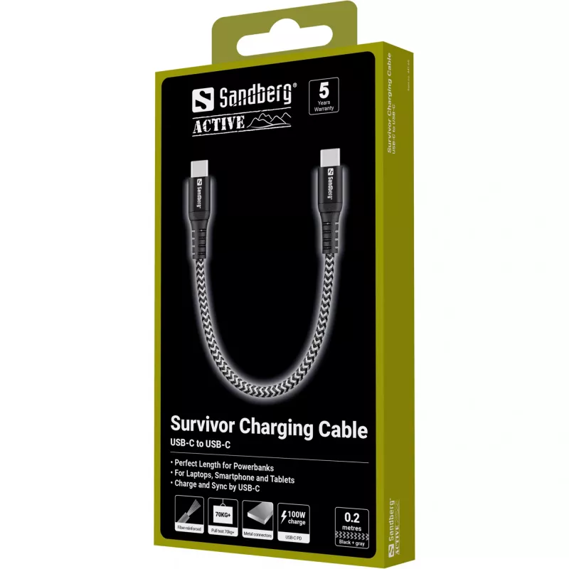 USB-C-kaapeli Sandberg Survivor 0,2 m 100 W musta valkoinen