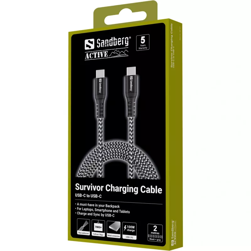 USB-C-kaapeli Sandberg Survivor 2M 100W musta valkoinen