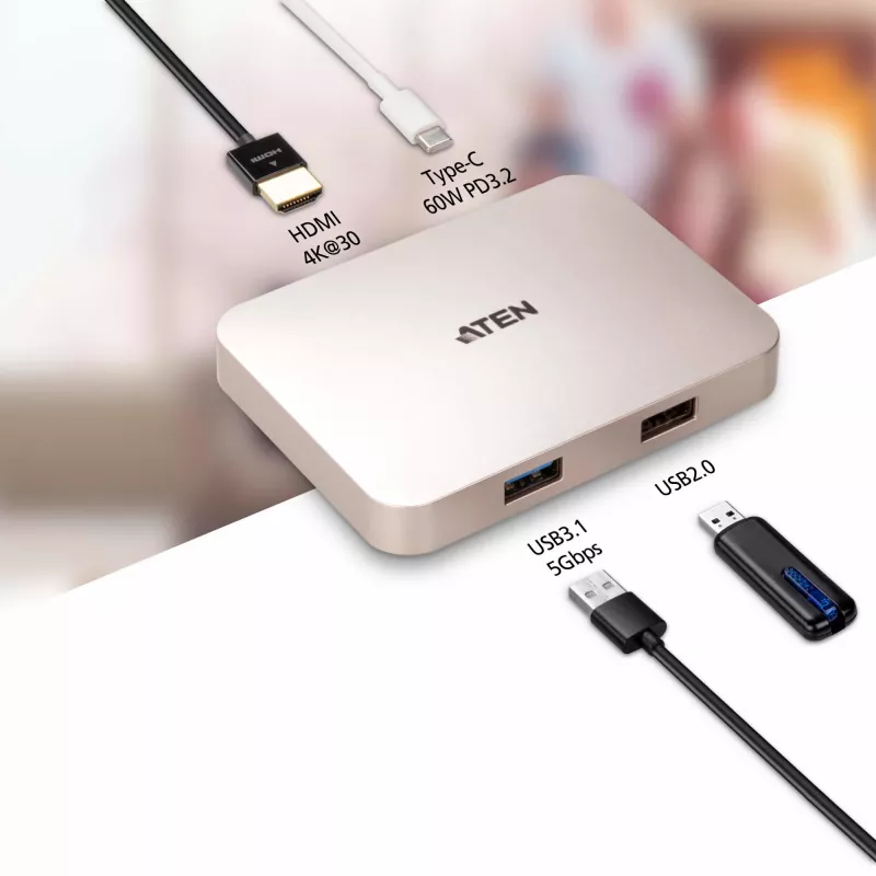ATEN UH3235 USB-C 4K ultrapieni minitelakka läpivientivirralla