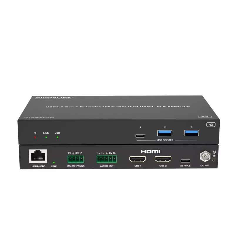 VivoLink VLUSBCEXT2X2 USB 3.2 Gen 1 -jatkolaite, 100 m, kaksinkertainen USB-C-tulo ja video