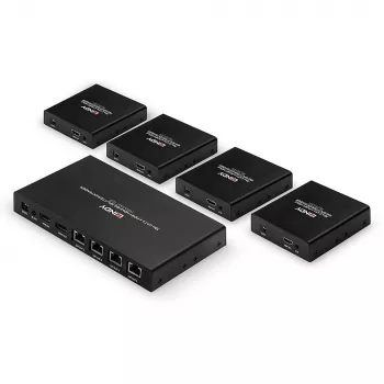 Lindy 70m Cat.6 4 portin HDMI 4K60 jakaja-jatko, 3840 x 2160 pikseliä, AV-lähetin ja -vastaanotin, 70 m, kaapelillinen, musta, HDCP