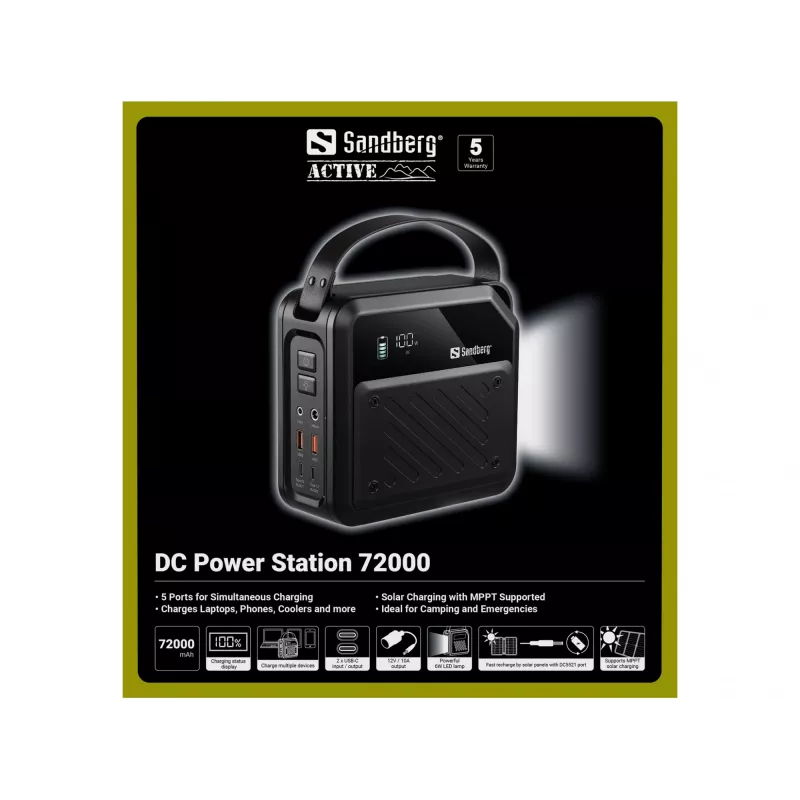 Kannettava DC-virtalähde SANDBERG Sandberg DC Power Station 72000 — LMFP 72 000 mAh, DC- ja USB-C-tulo, musta