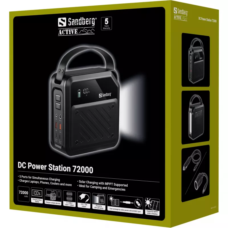 Kannettava DC-virtalähde SANDBERG Sandberg DC Power Station 72000 — LMFP 72 000 mAh, DC- ja USB-C-tulo, musta