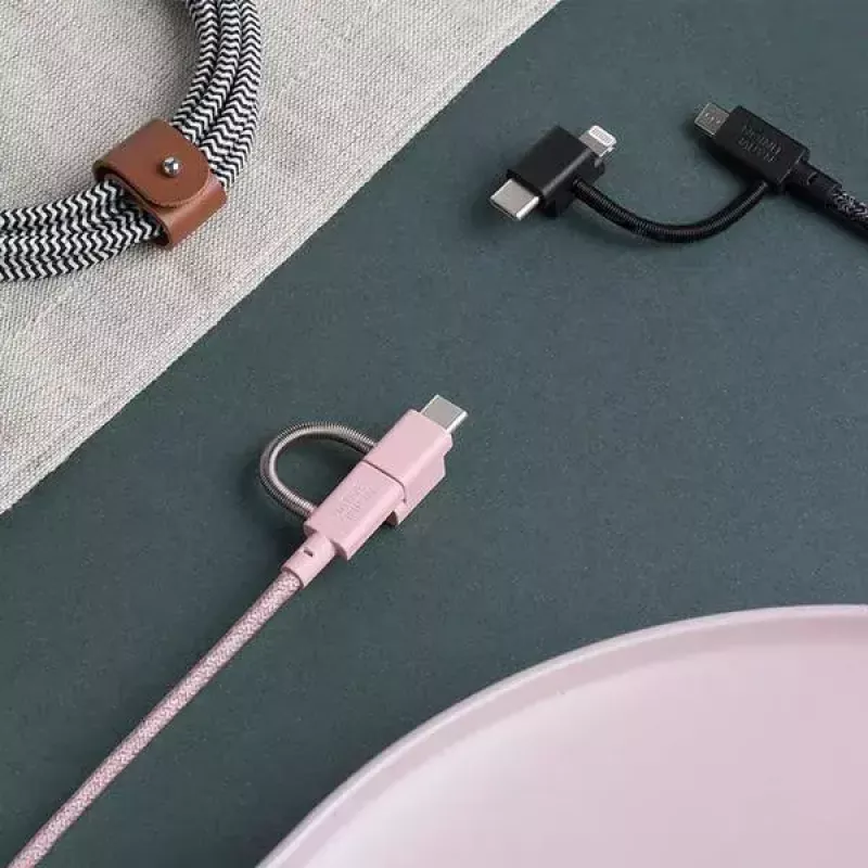 USB 2.0 -datakaapeli native union BELT-ULC-ZEB-NP, 2 m, USB-A–USB-C / Micro-USB B / Lightning, musta, valkoinen