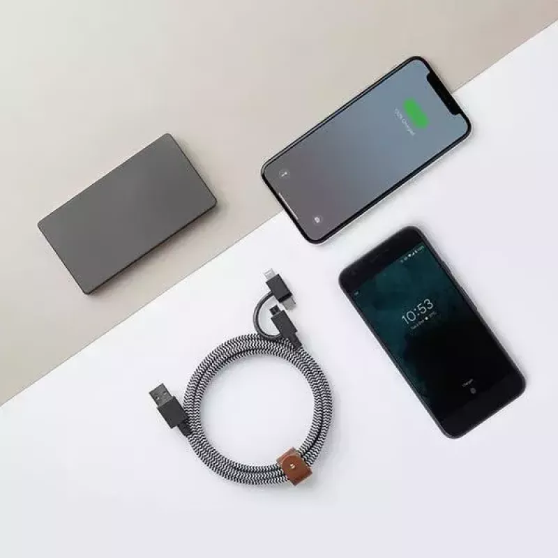 USB 2.0 -datakaapeli native union BELT-ULC-ZEB-NP, 2 m, USB-A–USB-C / Micro-USB B / Lightning, musta, valkoinen