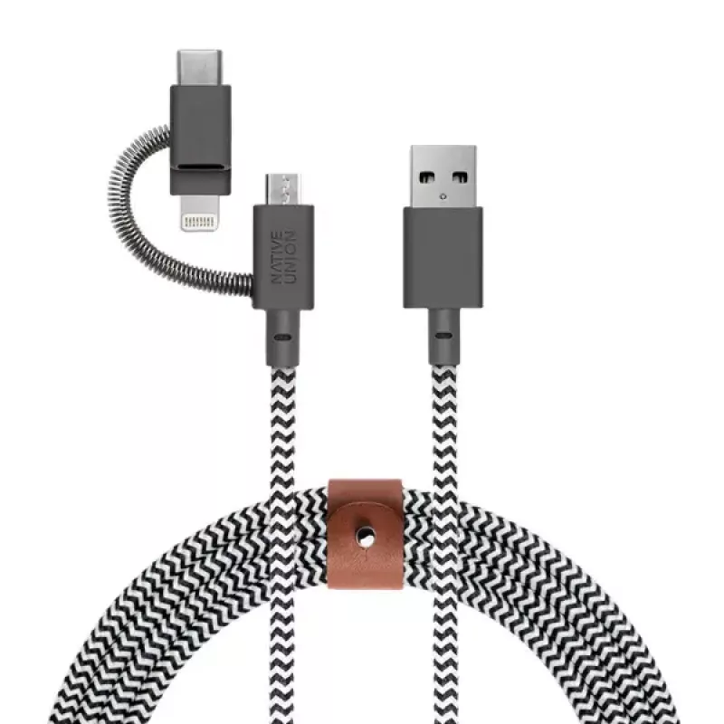 USB 2.0 -datakaapeli native union BELT-ULC-ZEB-NP, 2 m, USB-A–USB-C / Micro-USB B / Lightning, musta, valkoinen