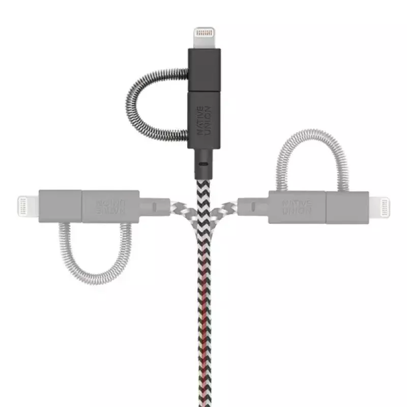 USB 2.0 -datakaapeli native union BELT-ULC-ZEB-NP, 2 m, USB-A–USB-C / Micro-USB B / Lightning, musta, valkoinen