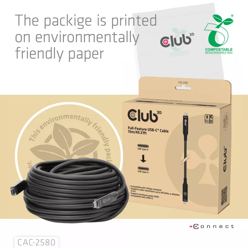 CLUB3D 15M Full-Feature USB-C®-kaapeli / 49,21ft 8K60Hz 10Gbps 60W