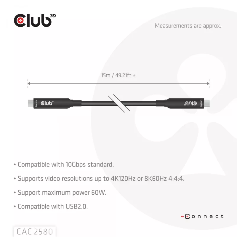 CLUB3D 15M Full-Feature USB-C®-kaapeli / 49,21ft 8K60Hz 10Gbps 60W