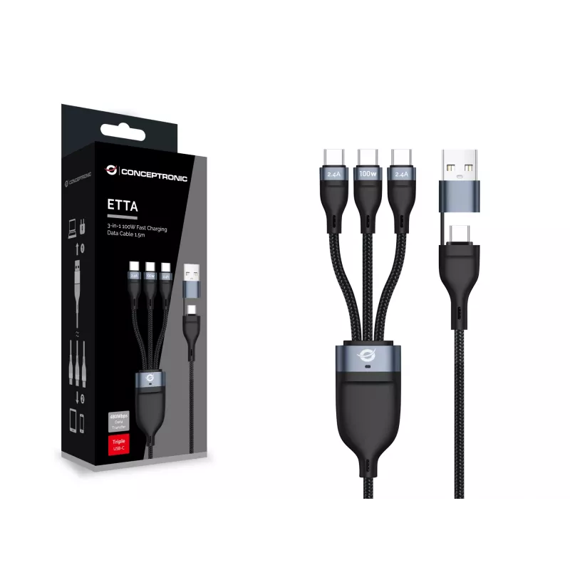 Conceptronic ETTA06B15C 3-in-1 100 W pikalatausdatakaapeli 1,5 m, kolmois-USB-C, USB 2.0, E-Mark