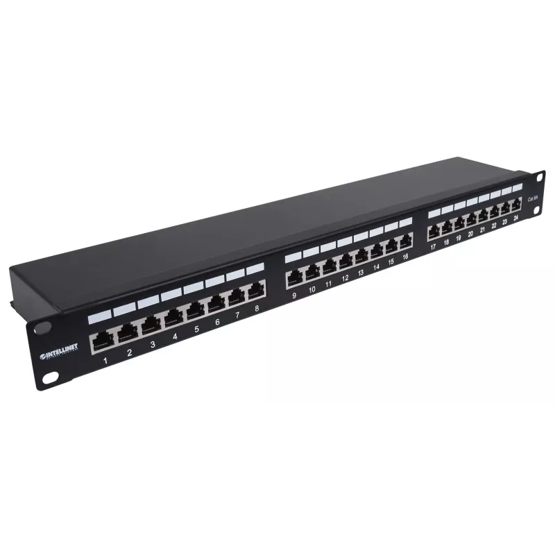 Intellinet patch-paneeli, Cat6a, FTP, 24-porttinen, 1U, suojattu, 90° Top-Entry LSA-liuskat, musta