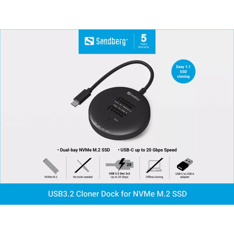 Sandberg USB3.2-kloonausdock NVMe M.2 SSD:lle, musta, 20 Gbit/s