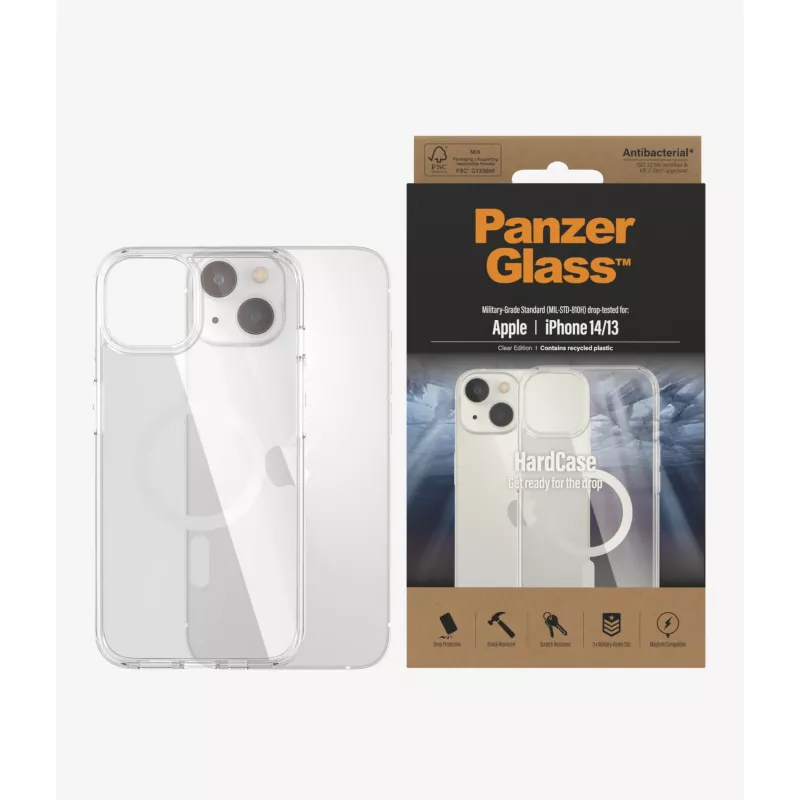 PanzerGlass HardCase MagSafe 0409 -suojakuori Apple iPhone 14/13 -puhelimelle, 6,1 tuumaa (15,5 cm), kierrätetty TPU, antibakteerinen, kirkas