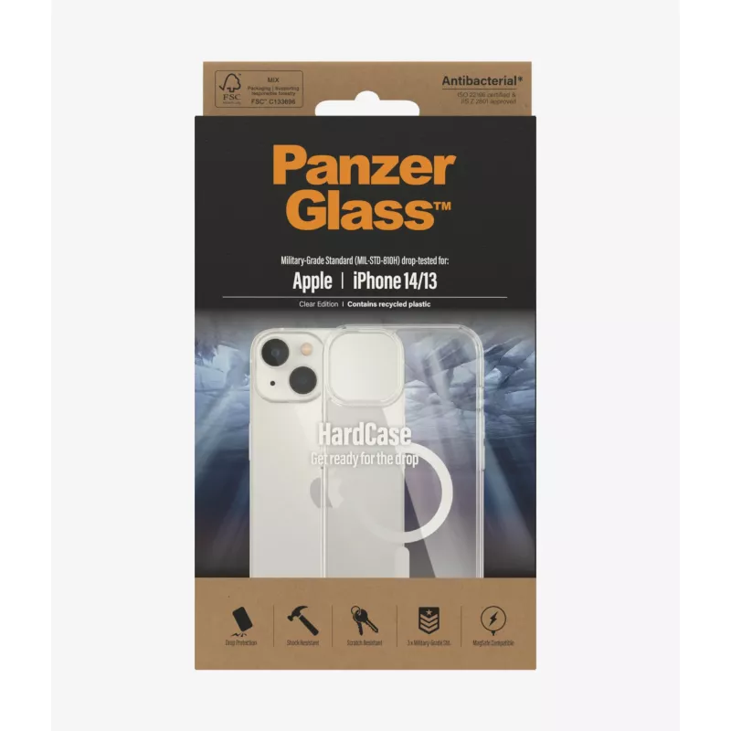 PanzerGlass HardCase MagSafe 0409 -suojakuori Apple iPhone 14/13 -puhelimelle, 6,1 tuumaa (15,5 cm), kierrätetty TPU, antibakteerinen, kirkas
