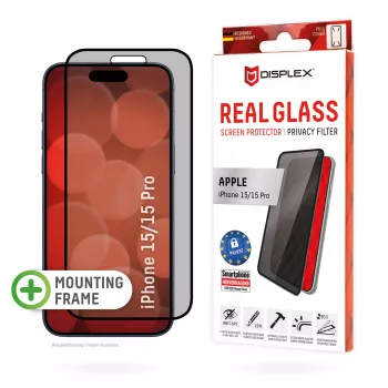 Displex Privacy Screen Protector (10H) Apple iPhone 15/15 Pro -näytönsuojakalvo, Eco-asennuskehys, tietosuojasuodatin