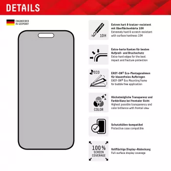 Displex Privacy Screen Protector (10H) Apple iPhone 15/15 Pro -näytönsuojakalvo, Eco-asennuskehys, tietosuojasuodatin