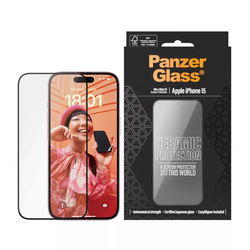 PanzerGlass Ceramic Protection iPhone 15 Ultra-Wide Fit naarmuuntumaton iskunkestävä