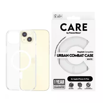 PanzerGlass CARE™ by ® Urban Combat -kotelo läpinäkyvä valkoisella MagSafe iPhone 15 Plus