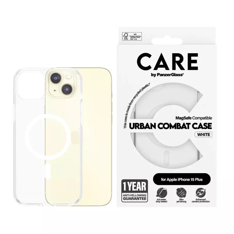 PanzerGlass CARE™ by ® Urban Combat -kotelo läpinäkyvä valkoisella MagSafe iPhone 15 Plus