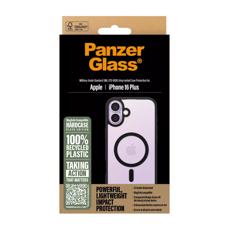 PanzerGlass ® HardCase läpinäkyvä mustalla MagSafe & kehyksellä iPhone 16 Plus
