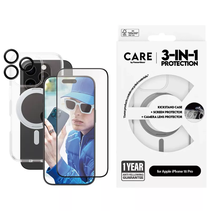 PanzerGlass CARE by ® Feature 3-in-1 Ceramic -paketti iPhone 16 Pro