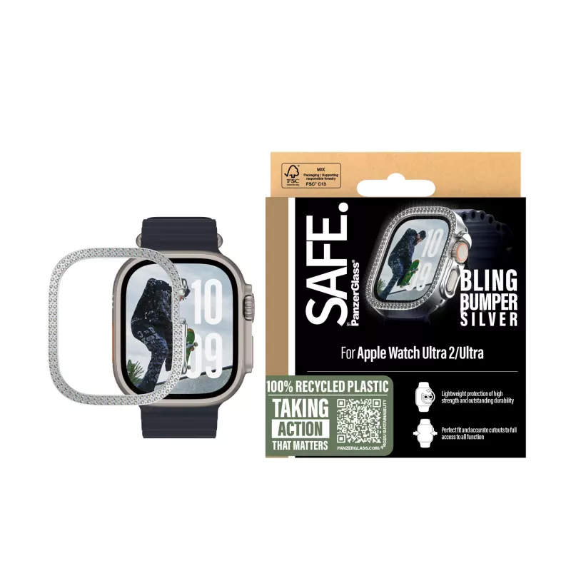 SAFE by PanzerGlass Bling Bumper SAFE95911 suojakehys Apple Watch Ultra / Ultra 2 / Ultra 3 -kellolle, hopea