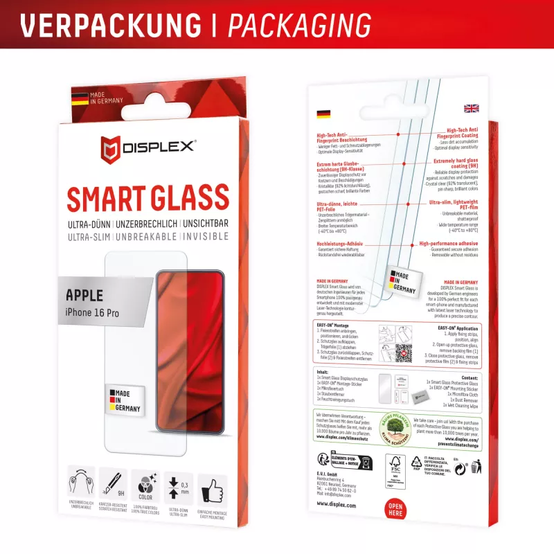 Displex Smart Glass (9H) Apple iPhone 16 Pro, asennustarra, särkymätön