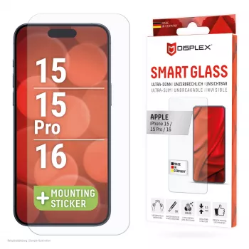 Displex Smart Glass (9H) Apple iPhone 15/15 Pro/16, asennustarra, särkymätön