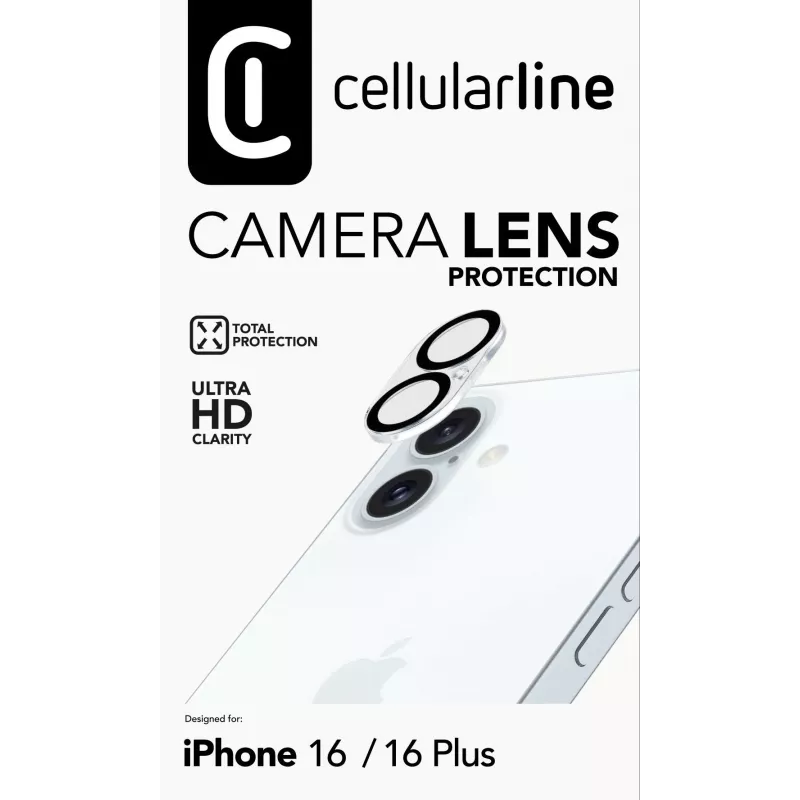 Cellularline kameran objektiivi - iPhone 16 suojus läpinäkyvä naarmuuntumaton iskunkestävä