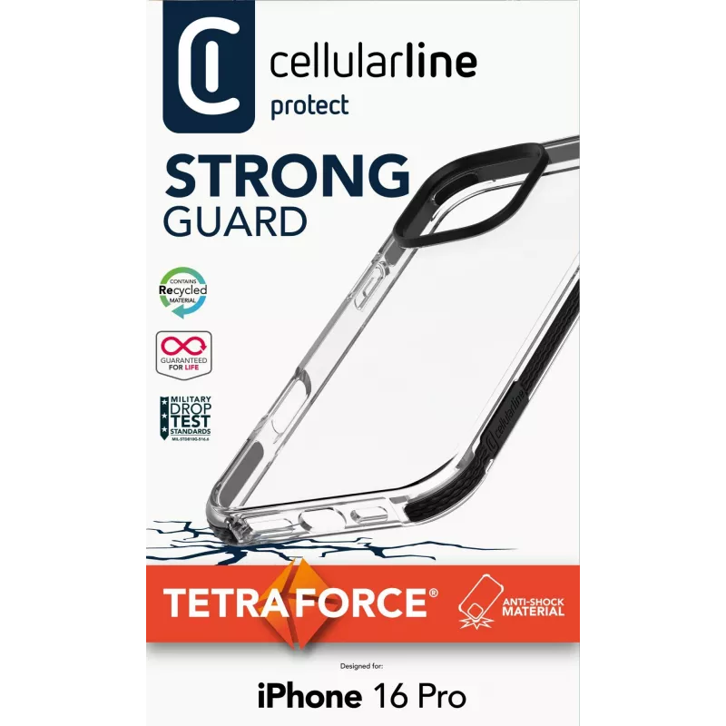 Cellularline Strong Guard -kuori iPhone 16 Pro -puhelimelle, läpinäkyvä