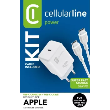 Cellularline USB-C CHARGER KIT USB-C 30W USB-C lataussarja 30W – iPhone 15 -sarja