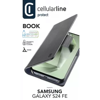 Cellularline Book Galaxy S24 FE -kirjakotelo korttipaikalla ja magneettisulkimella