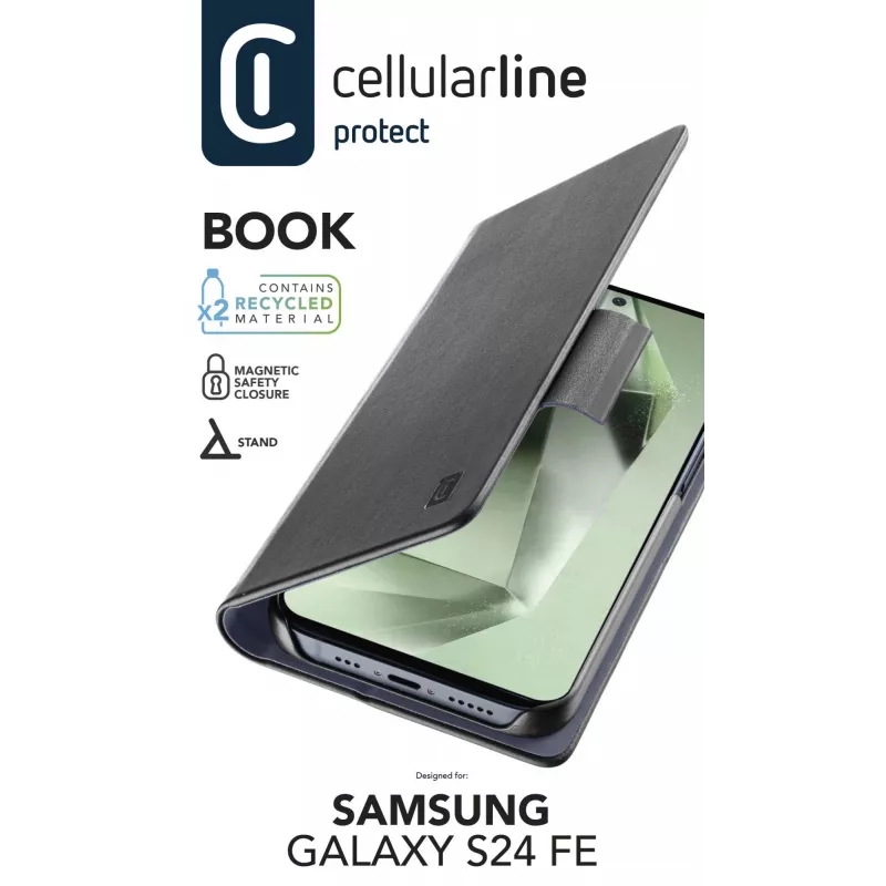 Cellularline Book Galaxy S24 FE -kirjakotelo korttipaikalla ja magneettisulkimella