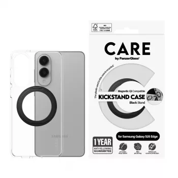 PanzerGlass CARE läpinäkyvä kotelo mustalla jalustalla ja Qi Samsung Galaxy S25 Edge