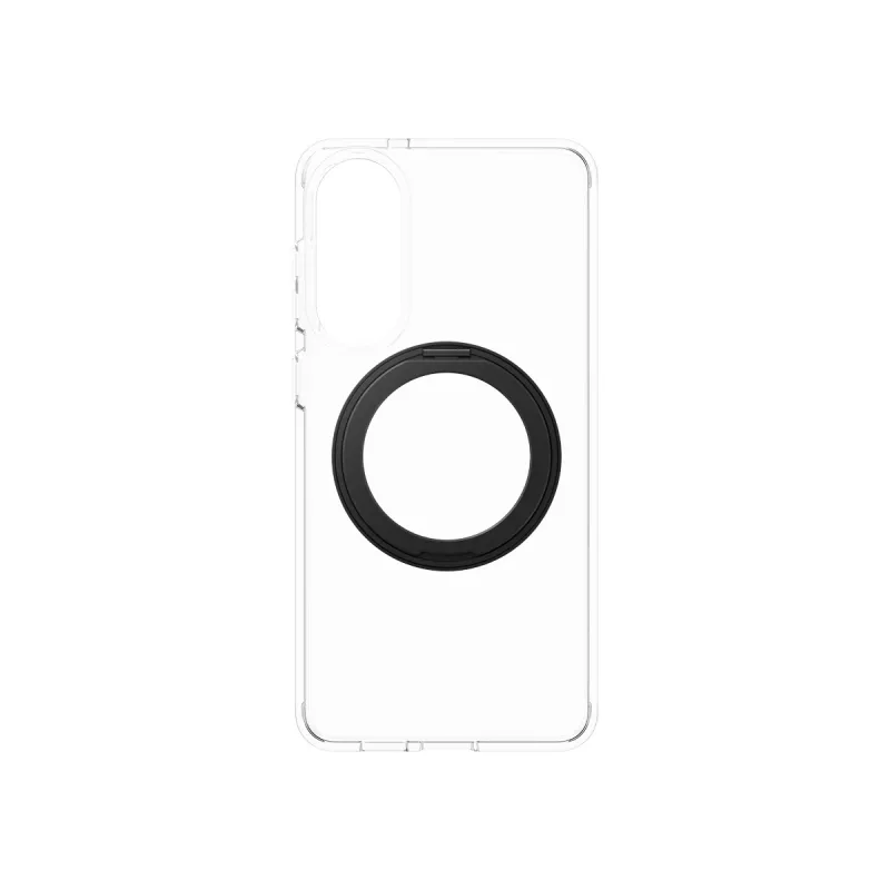 PanzerGlass CARE läpinäkyvä kotelo mustalla jalustalla ja Qi Samsung Galaxy S25 Edge
