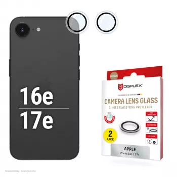 Displex Premium kameralinssilasi, iPhone 16e/17e, 2 kpl:n pakkaus, 10H, yksittäiset renkaat, DLC, läpinäkyvä, pika-asennus
